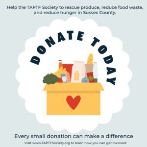 A cardboard box of groceries for donation are pictured including broccoli, bread, milk, etc. Caption: Help the TAPTF Society to rescue produce, reduce food waste, and reduce hunger in Sussex County. Every donation can make a difference.